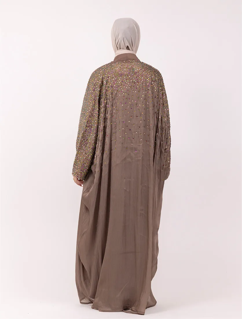 Mocha Multi Crystal Embellished Sheer Overlay Abaya
